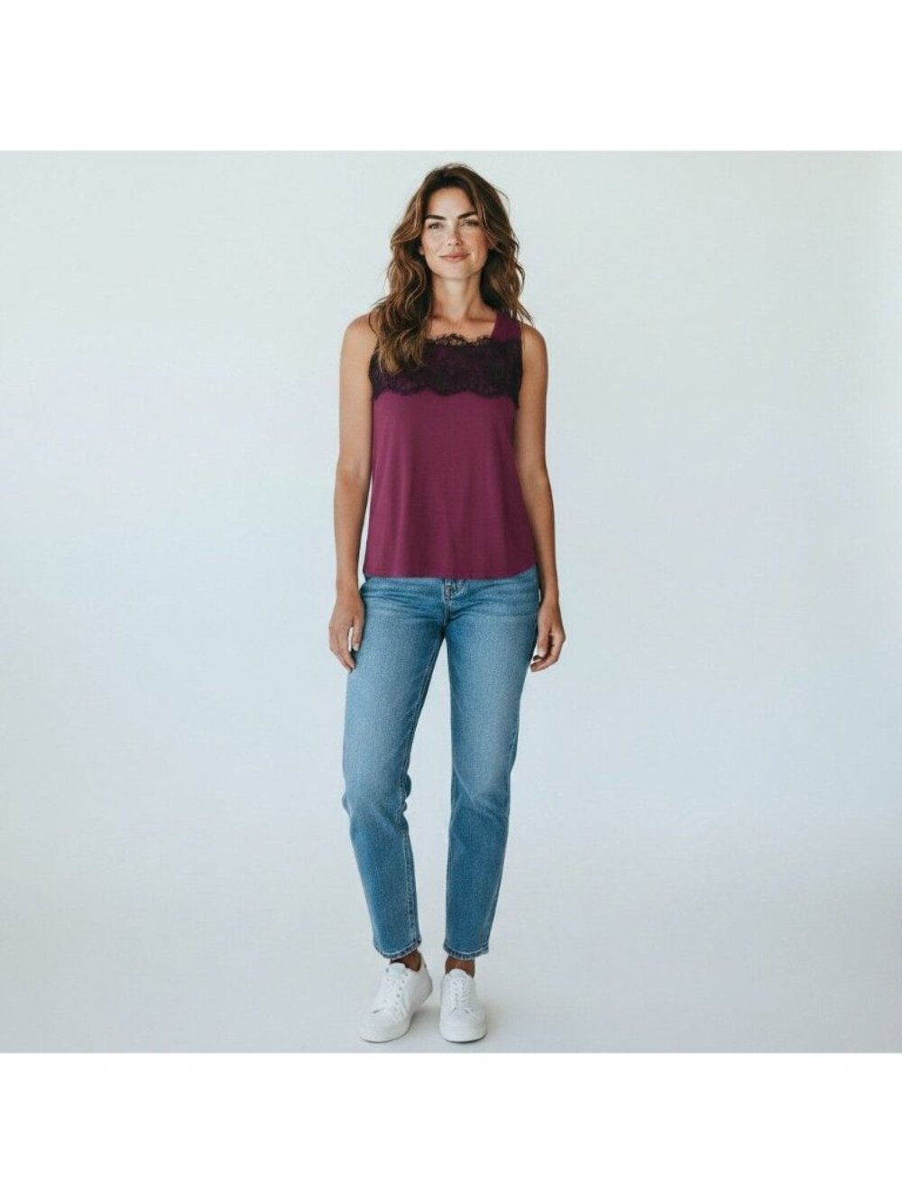 J. Jill Lace-Trim Sleeveless Tank Top Burgundy XS Cotton Modal Blend